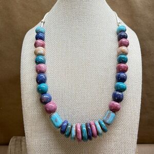 Handmade Ceramic Bead Necklace Turquoise Mauve Blue Glazed Stoneware Boho Tie